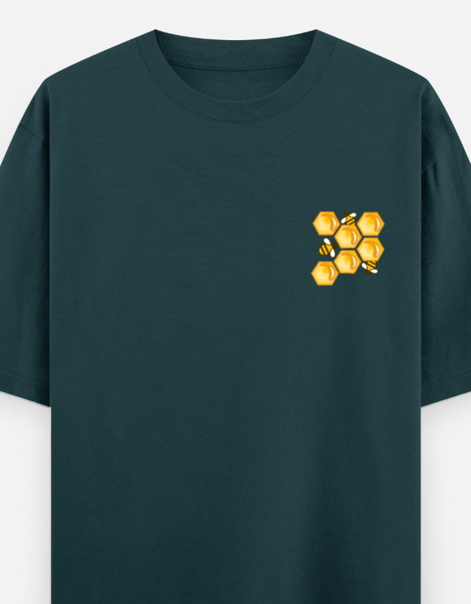 'Bee' A Hero oversized t-shirt front pocket print — Petrol Blue drop-shoulder unisex tee | StyleUp.Today