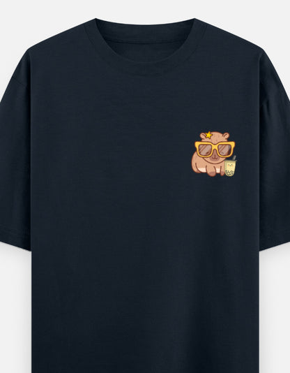Capy-Zen-Bara oversized t-shirt front pocket print — Navy Blue drop-shoulder unisex tee | StyleUp.Today
