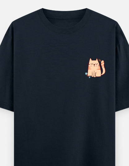 Purr-Sistent oversized t-shirt front pocket print — Navy Blue drop-shoulder unisex tee | StyleUp.Today