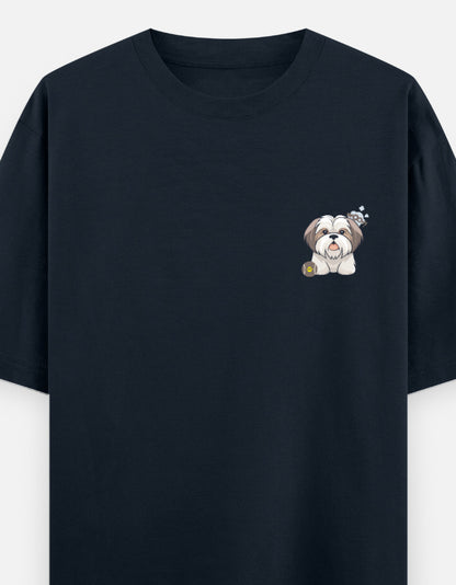Sassy Shih Tzu oversized t-shirt front pocket print — Navy Blue drop-shoulder unisex tee | StyleUp.Today