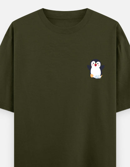 Waddling To Success oversized t-shirt front pocket print — Olive Green drop-shoulder unisex tee | StyleUp.Today