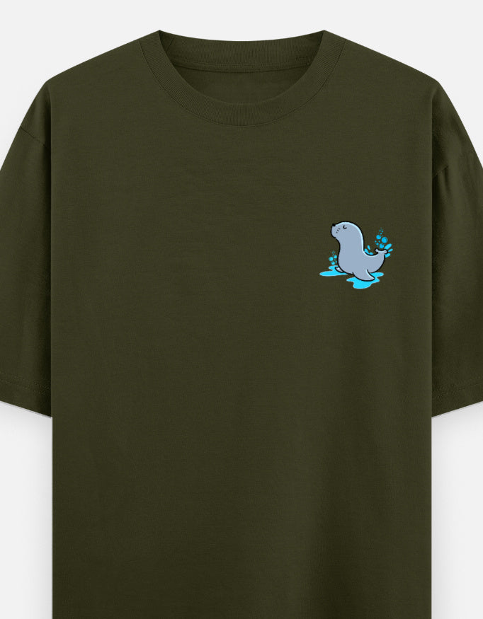 Seal Of Approval oversized t-shirt front pocket print — Olive Green drop-shoulder unisex tee | StyleUp.Today