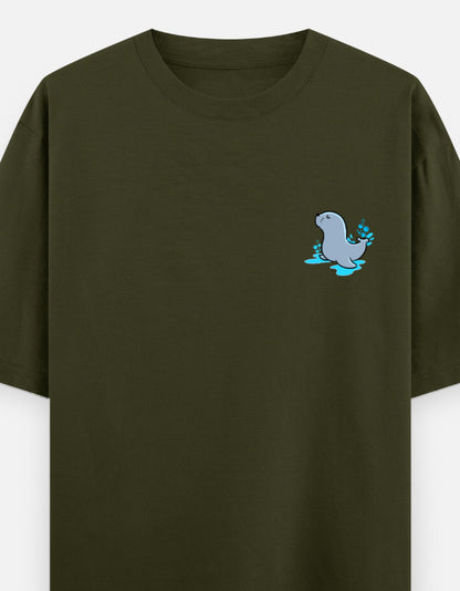 Seal Of Approval oversized t-shirt front pocket print — Olive Green drop-shoulder unisex tee | StyleUp.Today