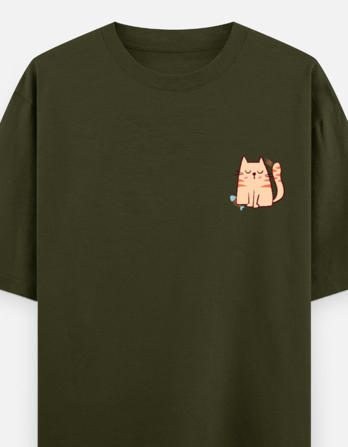 Purr-Sistent oversized t-shirt front pocket print — Olive Green drop-shoulder unisex tee | StyleUp.Today