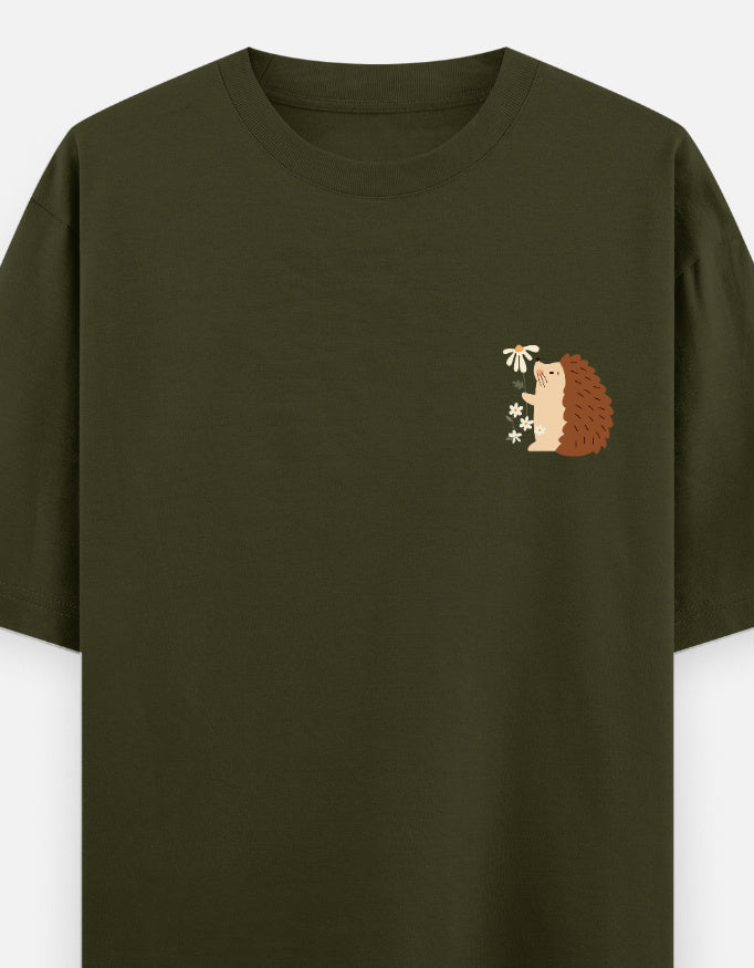 Prickly But Lovable oversized t-shirt front pocket print — Olive Green drop-shoulder unisex tee | StyleUp.Today