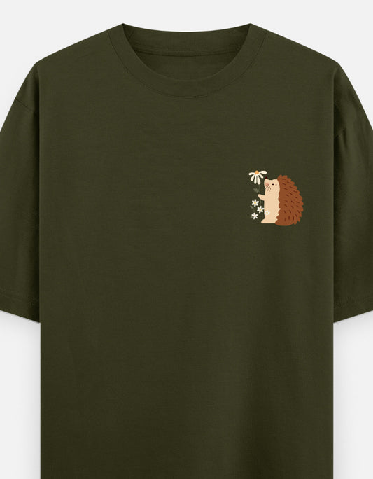 Prickly But Lovable oversized t-shirt front pocket print — Olive Green drop-shoulder unisex tee | StyleUp.Today
