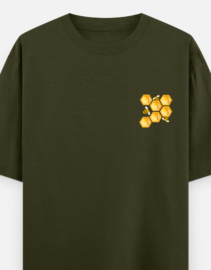 'Bee' A Hero oversized t-shirt front pocket print — Olive Green drop-shoulder unisex tee | StyleUp.Today