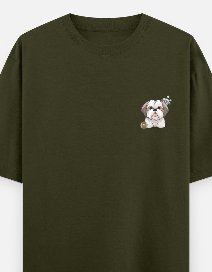 Sassy Shih Tzu oversized t-shirt front pocket print — Olive Green drop-shoulder unisex tee | StyleUp.Today