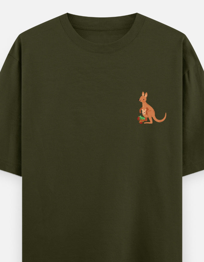 Jumping To Conclusions oversized t-shirt front pocket print — Olive Green drop-shoulder unisex tee | StyleUp.Today