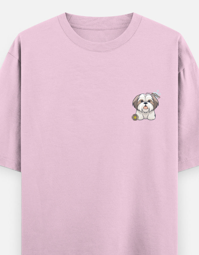 Sassy Shih Tzu oversized t-shirt front pocket print — Light Baby Pink drop-shoulder unisex tee | StyleUp.Today
