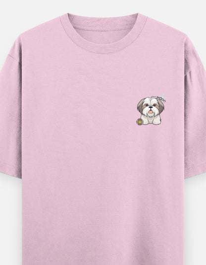 Sassy Shih Tzu oversized t-shirt front pocket print — Light Baby Pink drop-shoulder unisex tee | StyleUp.Today
