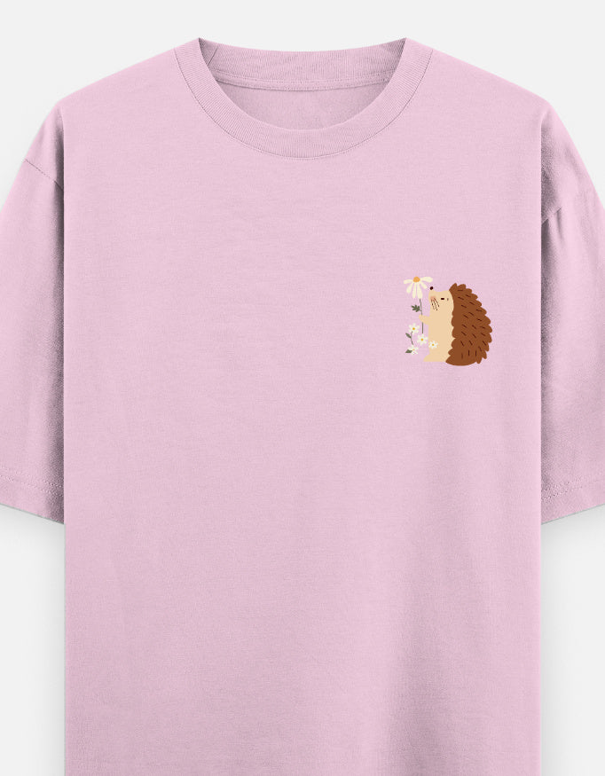 Prickly But Lovable oversized t-shirt front pocket print — Light Baby Pink drop-shoulder unisex tee | StyleUp.Today