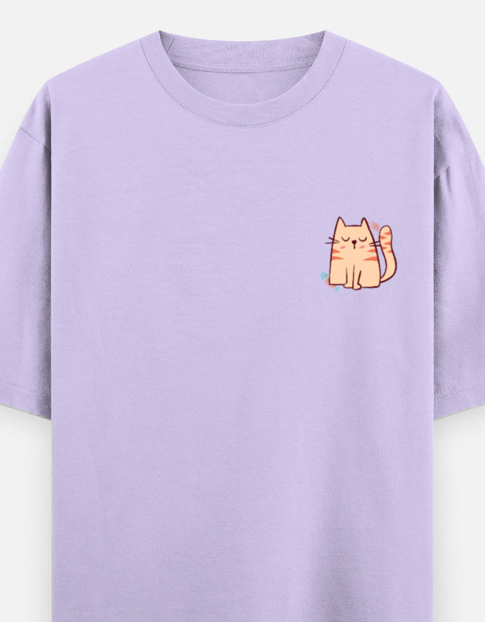Purr-Sistent oversized t-shirt front pocket print — Lavender drop-shoulder unisex tee | StyleUp.Today