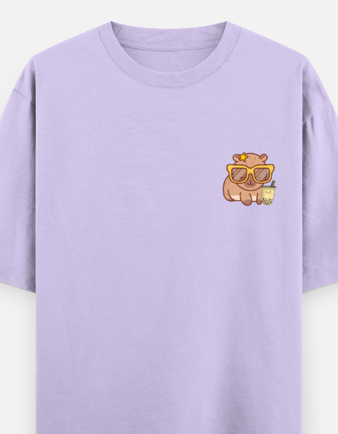 Capy-Zen-Bara oversized t-shirt front pocket print — Lavender drop-shoulder unisex tee | StyleUp.Today