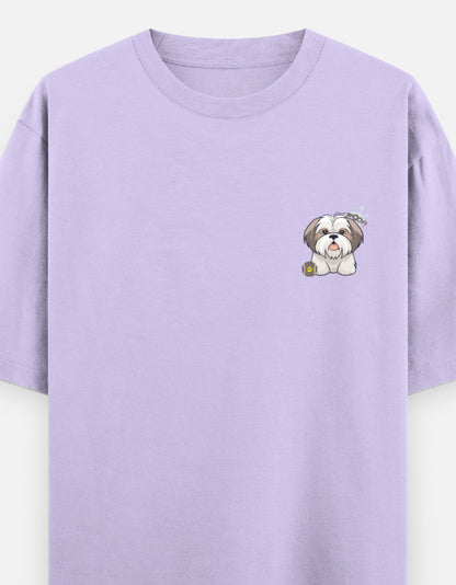 Sassy Shih Tzu oversized t-shirt front pocket print — Lavender drop-shoulder unisex tee | StyleUp.Today
