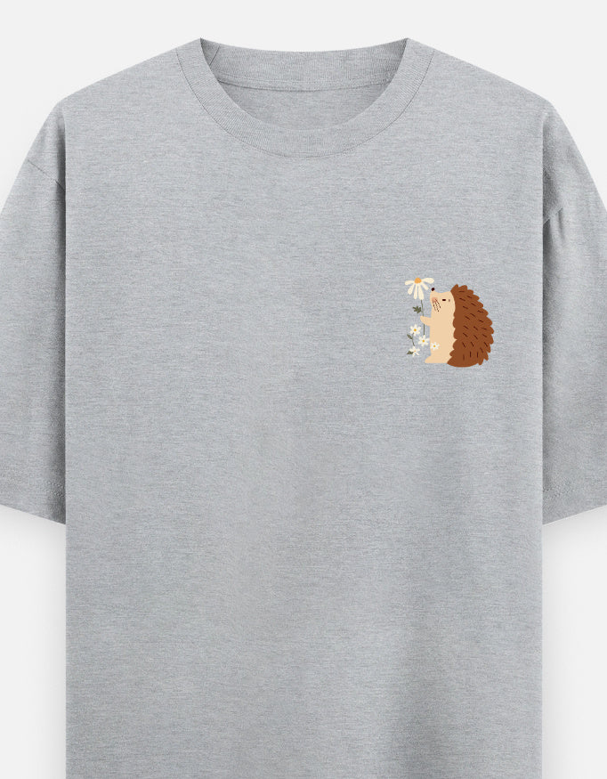 Prickly But Lovable oversized t-shirt front pocket print — Grey Melange drop-shoulder unisex tee | StyleUp.Today