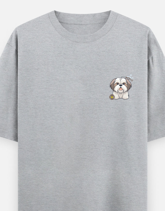 Sassy Shih Tzu oversized t-shirt front pocket print — Grey Melange drop-shoulder unisex tee | StyleUp.Today