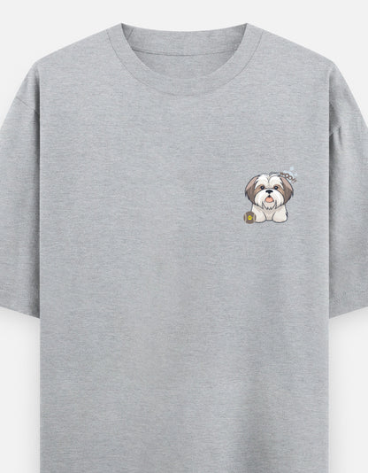 Sassy Shih Tzu oversized t-shirt front pocket print — Grey Melange drop-shoulder unisex tee | StyleUp.Today
