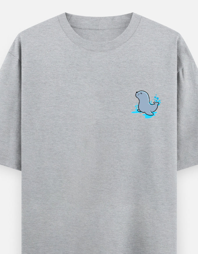 Seal Of Approval oversized t-shirt front pocket print — Grey Melange drop-shoulder unisex tee | StyleUp.Today