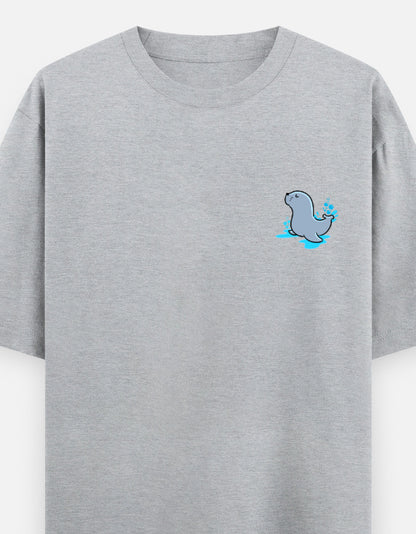 Seal Of Approval oversized t-shirt front pocket print — Grey Melange drop-shoulder unisex tee | StyleUp.Today