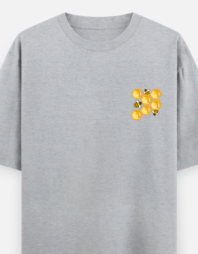 'Bee' A Hero oversized t-shirt front pocket print — Grey Melange drop-shoulder unisex tee | StyleUp.Today