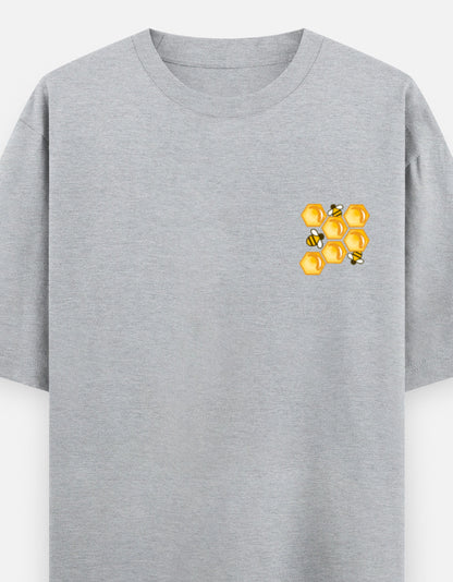 'Bee' A Hero oversized t-shirt front pocket print — Grey Melange drop-shoulder unisex tee | StyleUp.Today