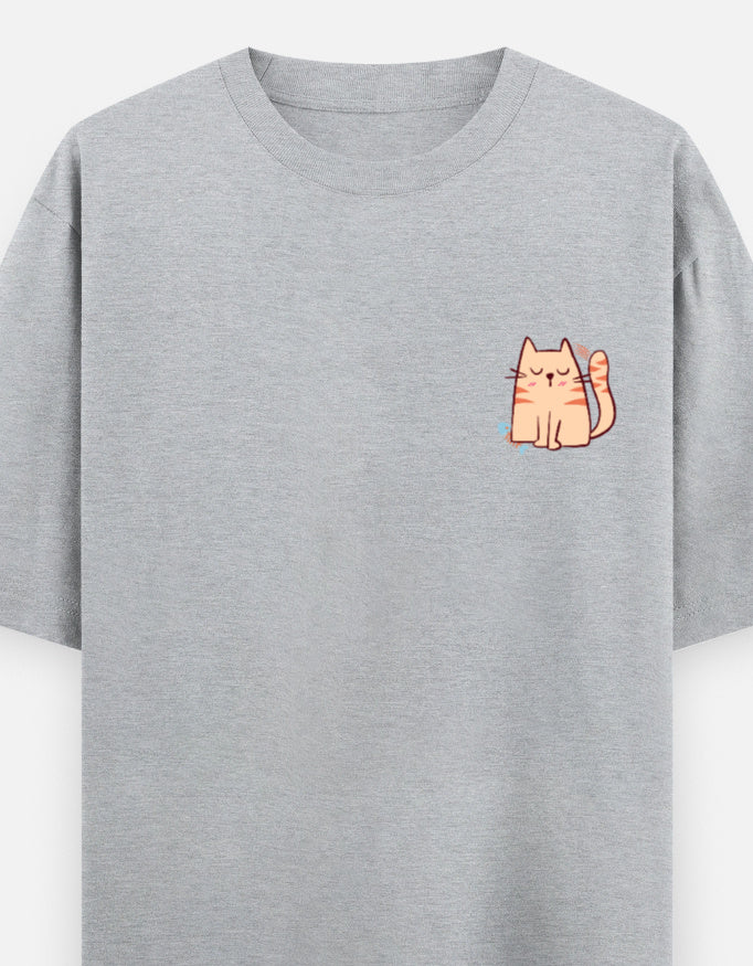 Purr-Sistent oversized t-shirt front pocket print — Grey Melange drop-shoulder unisex tee | StyleUp.Today