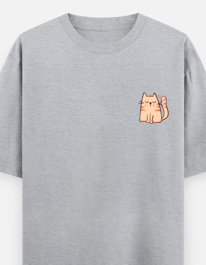 Purr-Sistent oversized t-shirt front pocket print — Grey Melange drop-shoulder unisex tee | StyleUp.Today