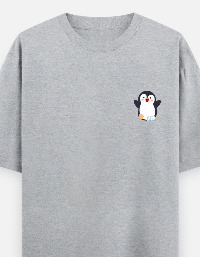 Waddling To Success oversized t-shirt front pocket print — Grey Melange drop-shoulder unisex tee | StyleUp.Today