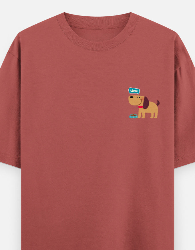 Fetching Good Vibes oversized t-shirt front pocket print — Coral drop-shoulder unisex tee | StyleUp.Today