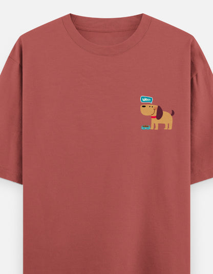 Fetching Good Vibes oversized t-shirt front pocket print — Coral drop-shoulder unisex tee | StyleUp.Today