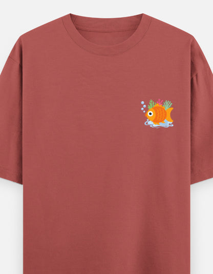 Follow Bubbles oversized t-shirt front pocket print — Coral drop-shoulder unisex tee | StyleUp.Today