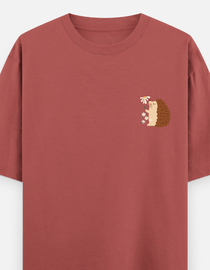 Prickly But Lovable oversized t-shirt front pocket print — Coral drop-shoulder unisex tee | StyleUp.Today