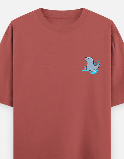 Seal Of Approval oversized t-shirt front pocket print — Coral drop-shoulder unisex tee | StyleUp.Today