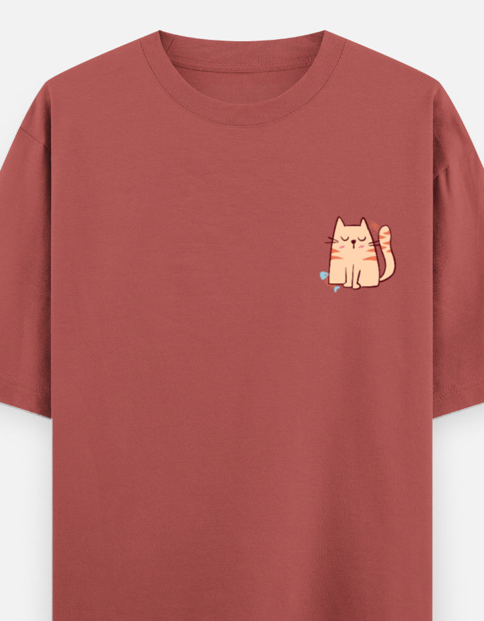 Purr-Sistent oversized t-shirt front pocket print — Coral drop-shoulder unisex tee | StyleUp.Today
