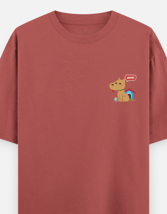 Paw-Sible Life oversized t-shirt front pocket print — Coral drop-shoulder unisex tee | StyleUp.Today