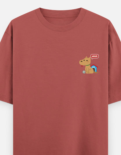 Paw-Sible Life oversized t-shirt front pocket print — Coral drop-shoulder unisex tee | StyleUp.Today