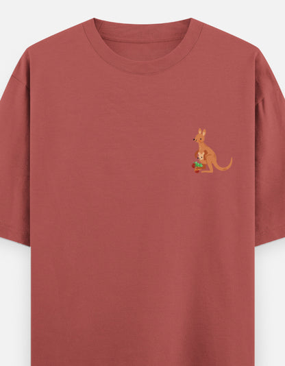Jumping To Conclusions oversized t-shirt front pocket print — Coral drop-shoulder unisex tee | StyleUp.Today