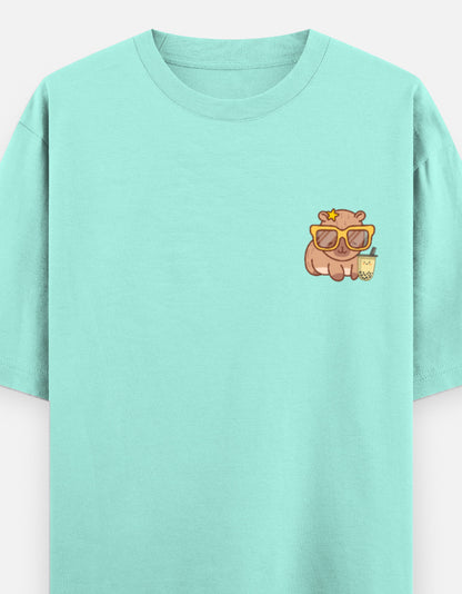 Capy-Zen-Bara oversized t-shirt front pocket print — Mint drop-shoulder unisex tee | StyleUp.Today