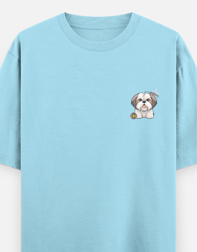 Sassy Shih Tzu oversized t-shirt front pocket print — Baby Blue drop-shoulder unisex tee | StyleUp.Today
