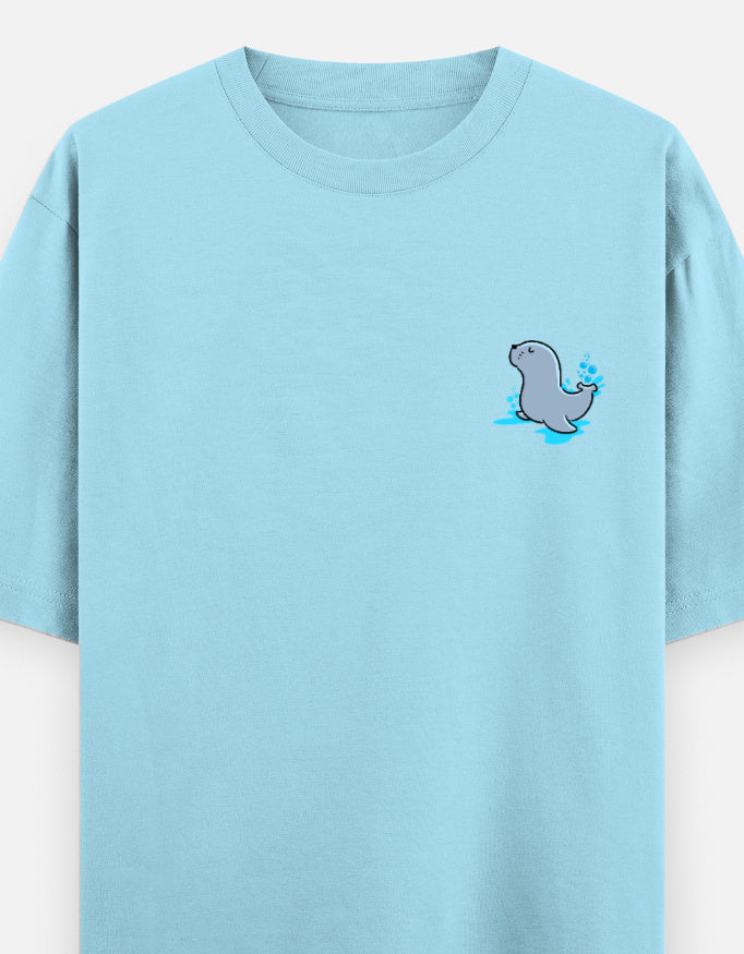 Seal Of Approval oversized t-shirt front pocket print — Baby Blue drop-shoulder unisex tee | StyleUp.Today