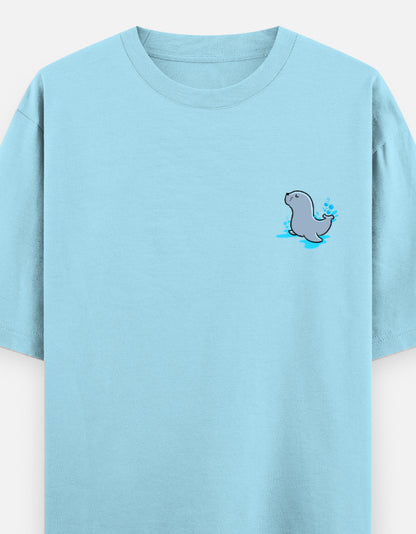 Seal Of Approval oversized t-shirt front pocket print — Baby Blue drop-shoulder unisex tee | StyleUp.Today