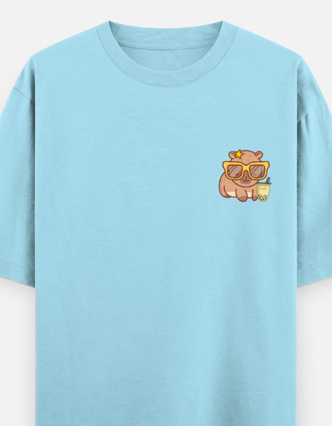 Capy-Zen-Bara oversized t-shirt front pocket print — Baby Blue drop-shoulder unisex tee | StyleUp.Today