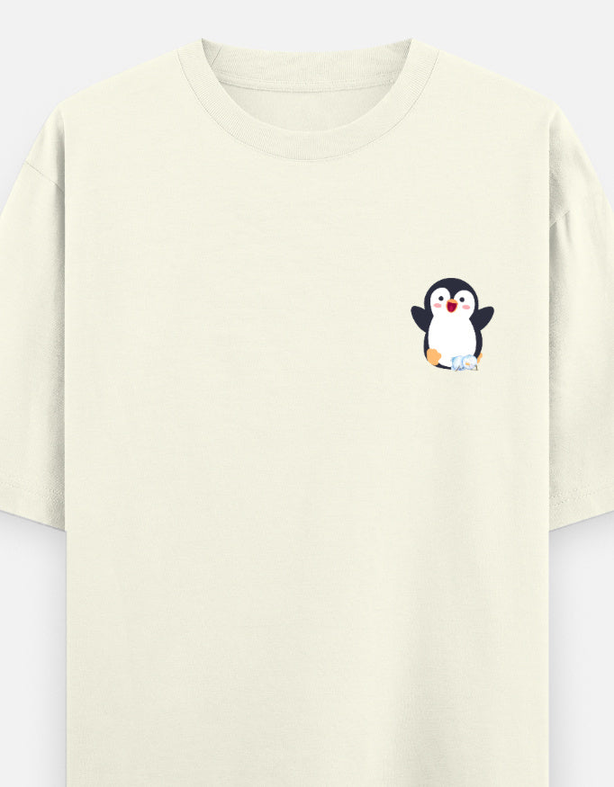 Waddling To Success oversized t-shirt front pocket print — Off White drop-shoulder unisex tee | StyleUp.Today