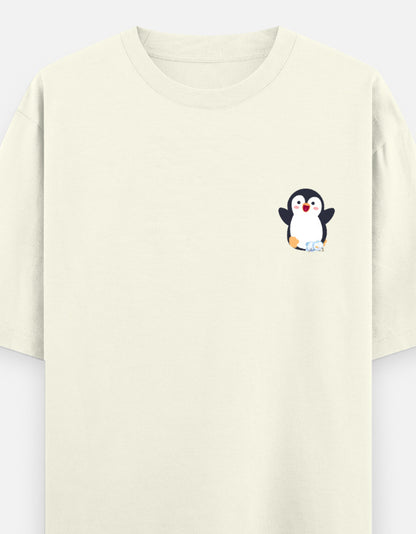 Waddling To Success oversized t-shirt front pocket print — Off White drop-shoulder unisex tee | StyleUp.Today