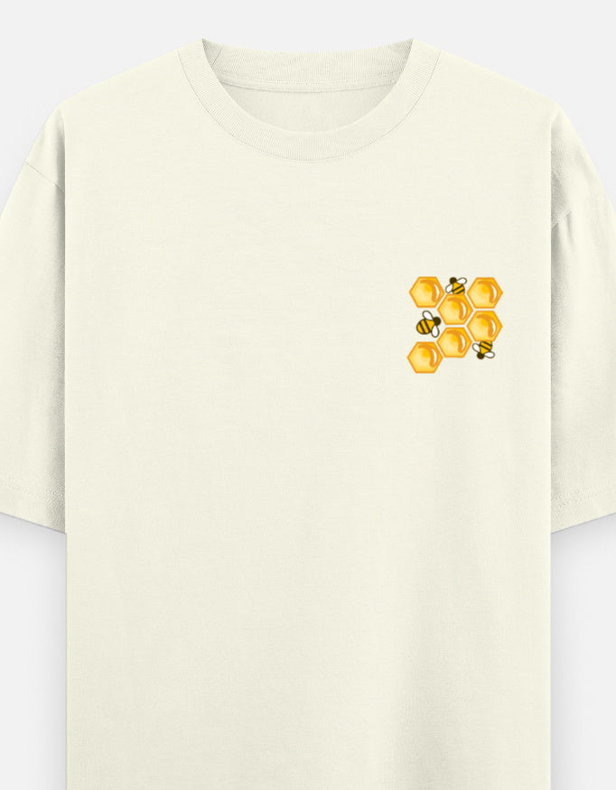 'Bee' A Hero oversized t-shirt front pocket print — Off White drop-shoulder unisex tee | StyleUp.Today