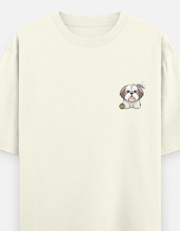 Sassy Shih Tzu oversized t-shirt front pocket print — Off White drop-shoulder unisex tee | StyleUp.Today