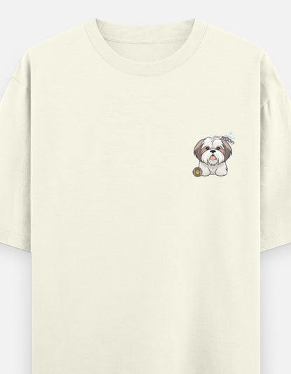 Sassy Shih Tzu oversized t-shirt front pocket print — Off White drop-shoulder unisex tee | StyleUp.Today