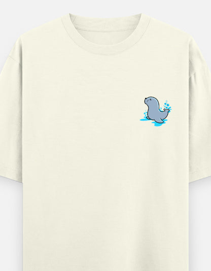 Seal Of Approval oversized t-shirt front pocket print — Off White drop-shoulder unisex tee | StyleUp.Today