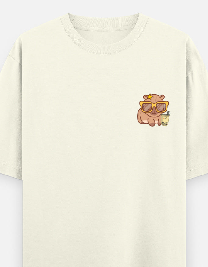 Capy-Zen-Bara oversized t-shirt front pocket print — Off White drop-shoulder unisex tee | StyleUp.Today
